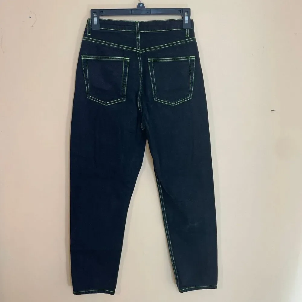 Black Topshop Mom Jeans with Neon Green Stitching size 26x30